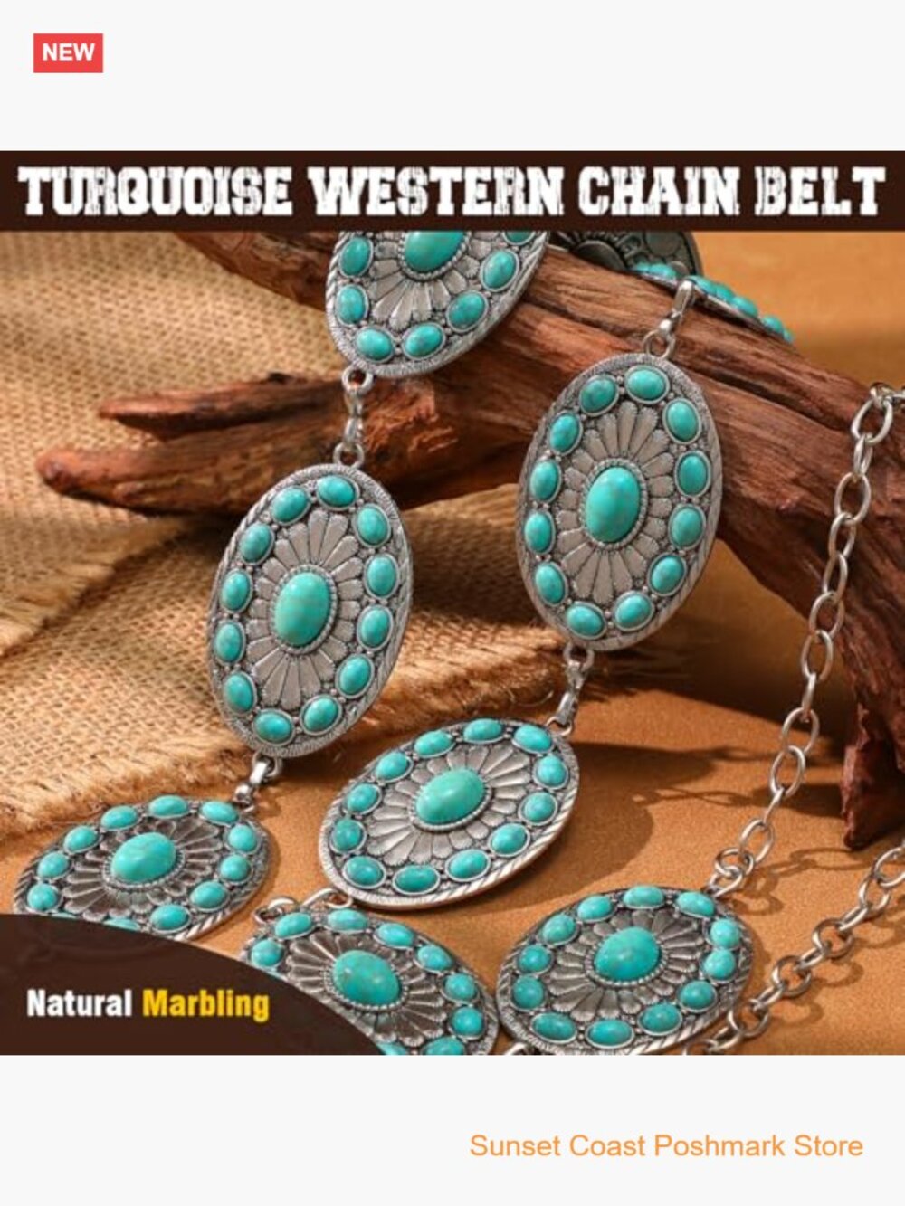 Western Turquoise Concho Chain Belt for Cowgirl Waist Dress Jeans - Picture 2 of 6